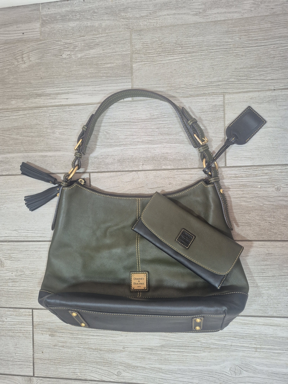 Dooney & Bourke Olive and Black Leather Shoulder Bag with Matching Wallet